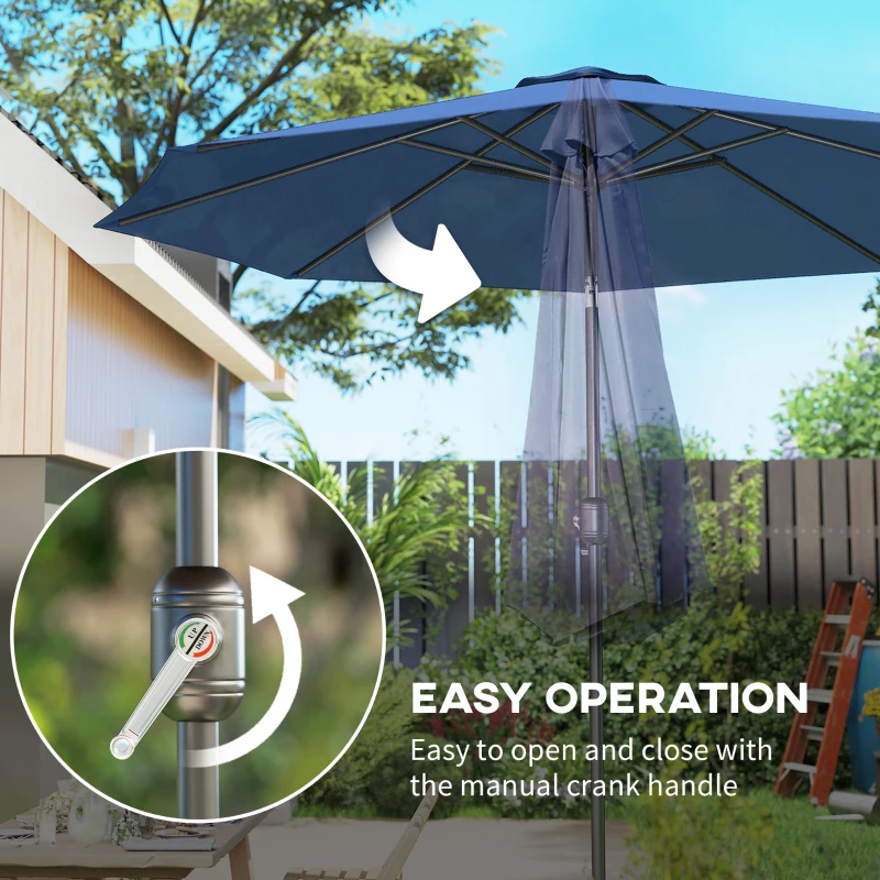 Outsunny 10' x 8' Round Market Umbrella, Patio Umbrella with Crank Handle and Tilt, Outdoor Parasol for Garden, Blue
