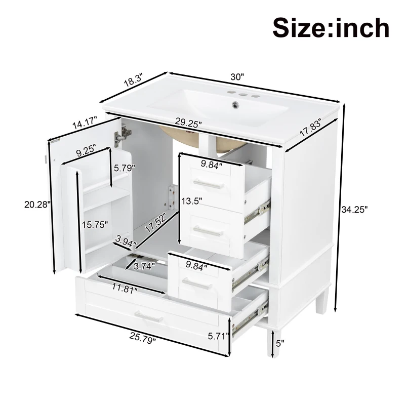 Solid Bathroom Vanity with Single Sink & Built-In Door Shelves, Free-Standing Cabinet with Partitioned Drawer, 30'' L x 18.5'' W x 34'' H, Black
