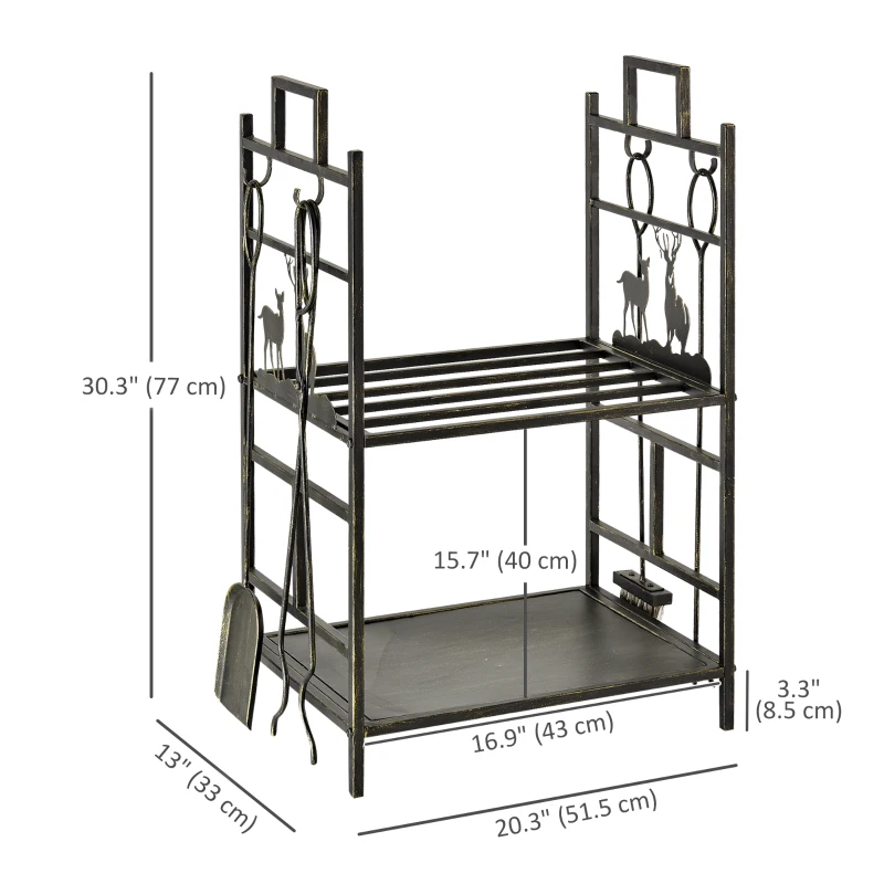 Outsunny 20.25" x 13" x 30.25" 2-Layer Heavy Duty Firewood Rack Wood Log Fireplace Stacker  w/ 4 Tools, Black and Gold
