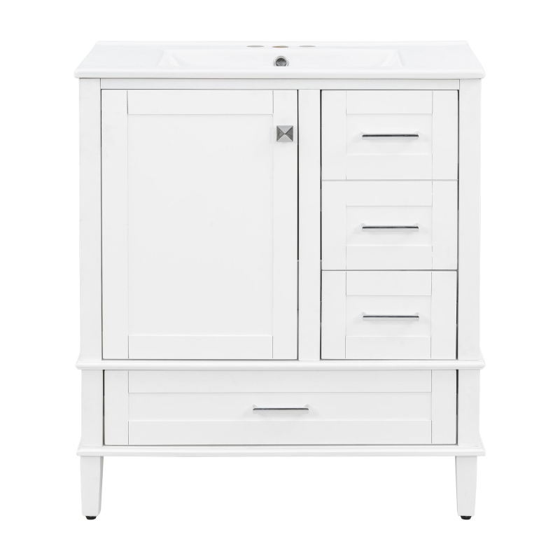 Solid Bathroom Vanity with Single Sink & Built-In Door Shelves, Free-Standing Cabinet with Partitioned Drawer, 30'' L x 18.5'' W x 34'' H, Black