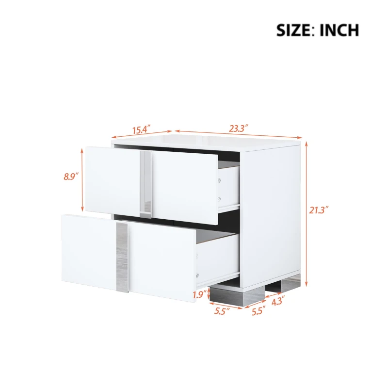 Space-Saving Nightstand with Mirrored Accents and Metal Legs, Elegant Bedside Storage for Compact Apartments, 23.5'' L x 15.5'' W x 21.5'' H, White