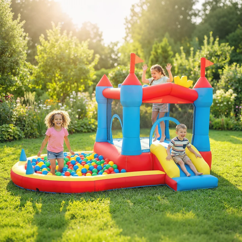 Qaba Bouncy Castle for Kids, Inflatable Bounce House with Slide, Pool/Ball Pit, Basketball Hoop and Blower for Indoor Outdoor