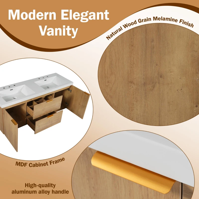 Double Sink Bathroom Vanity with Integrated SMC Top, Wall-Mounted Floating Cabinet for 2 People, 59.5'' L x 20'' W x 25.5'' H, Wood