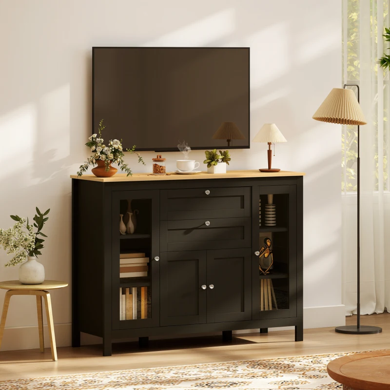 HOMCOM Buffet Cabinet Sideboard with 2 Drawers, 3 Storage Cabinets, Glass Doors and Adjustable Shelves, Dark Brown