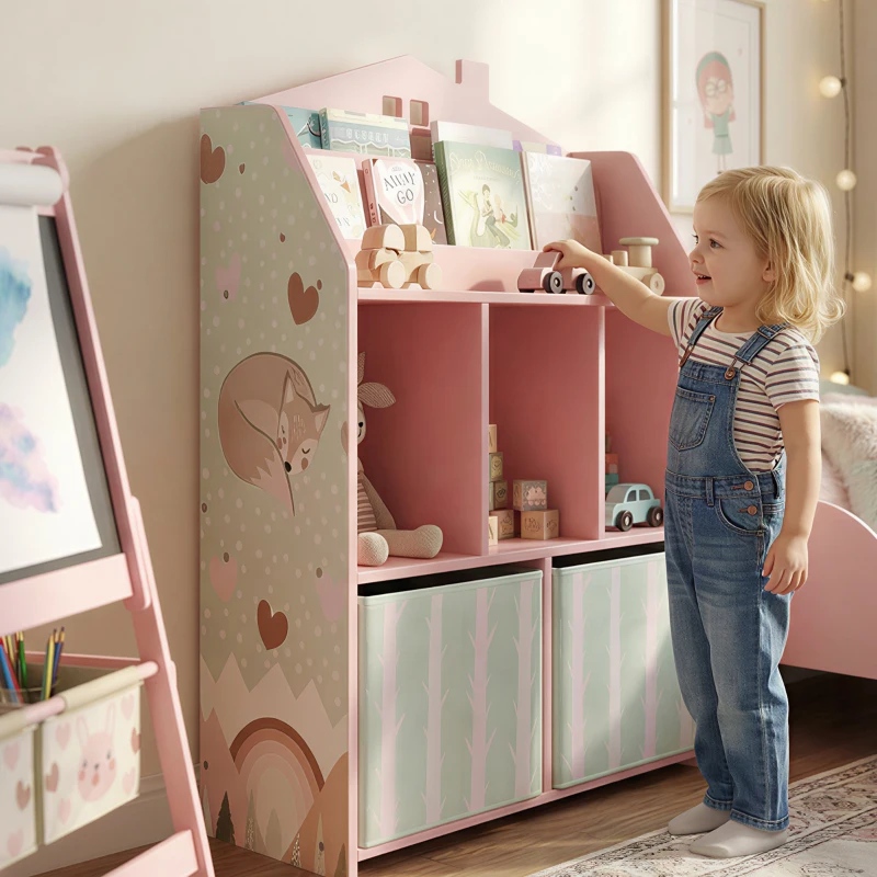 Qaba Kids Bookshelf with Storage, Toy Storage Unit with Book Display, Shelves and Fabric Drawers for Playroom Nursery, Pink