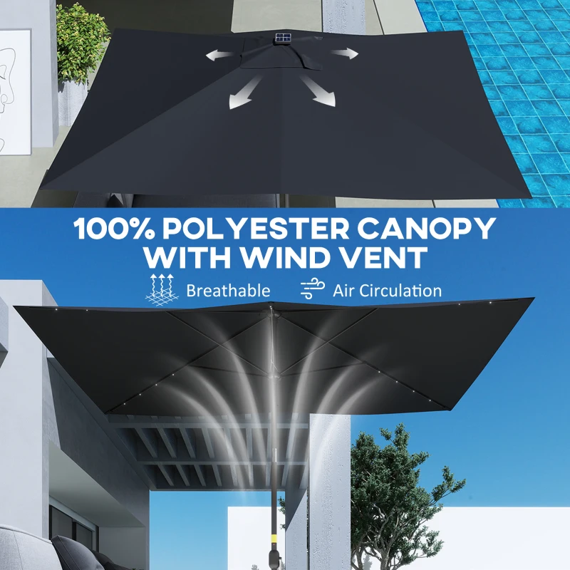 Outsunny 6.5x10ft Patio Umbrella, Rectangle Tilt Outdoor Market Parasol with LEDs, Black