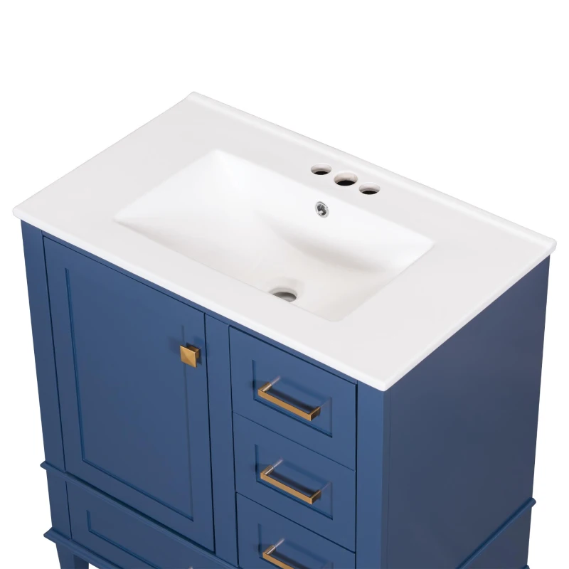 Free-Standing Bathroom Vanity with Ceramic Sink Combo, Modern Cabinet with Solid Wood Frame, 30'' L x 18.5'' W x 34'' H, Blue