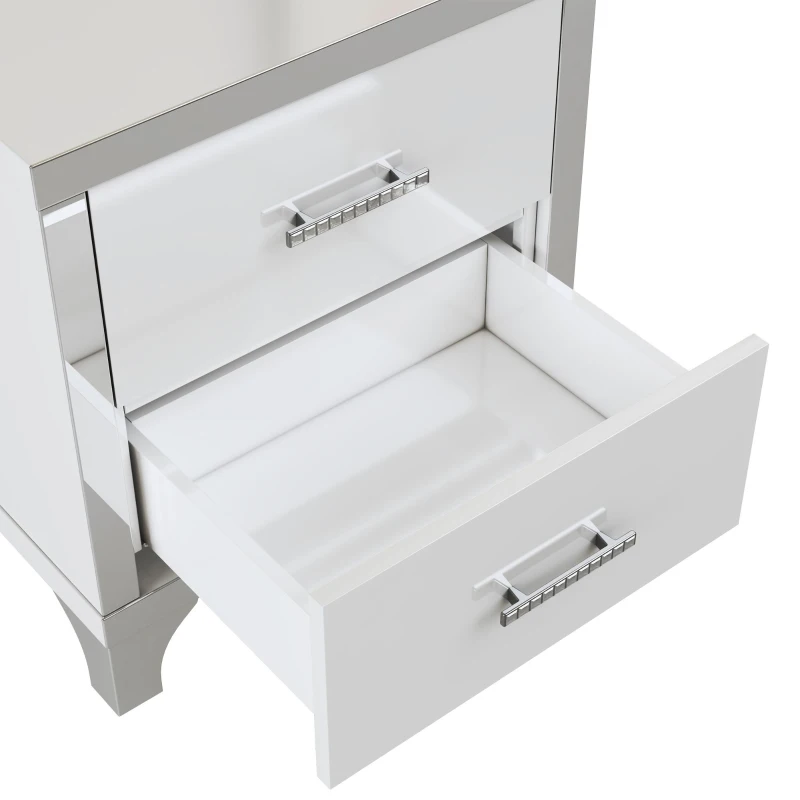 Elegant High-Gloss Nightstand with Metal Handles and Legs, Mirrored Bedside Table for Bedrooms or Apartments, 22.5'' L x 15.5'' W x 23.5'' H, White