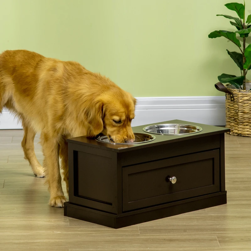 PawHut Large Elevated Dog Bowls with Storage Drawer Containing 11L Capacity, Raised Dog Bowl Stand Pet Food Bowl Dog Feeding Station, Brown
