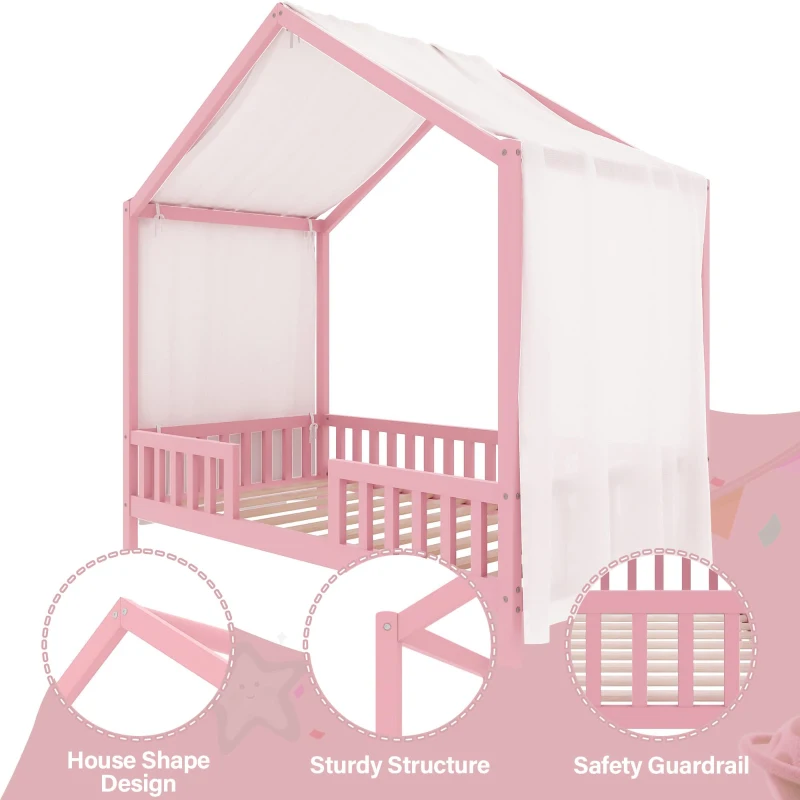 Twin-Size House-Style Toddler Bed Frame with 4-Sided High Railings, Montessori Floor Bed with Canopy, 78.5'' L x 41.5'' W x 78'' H, Pink
