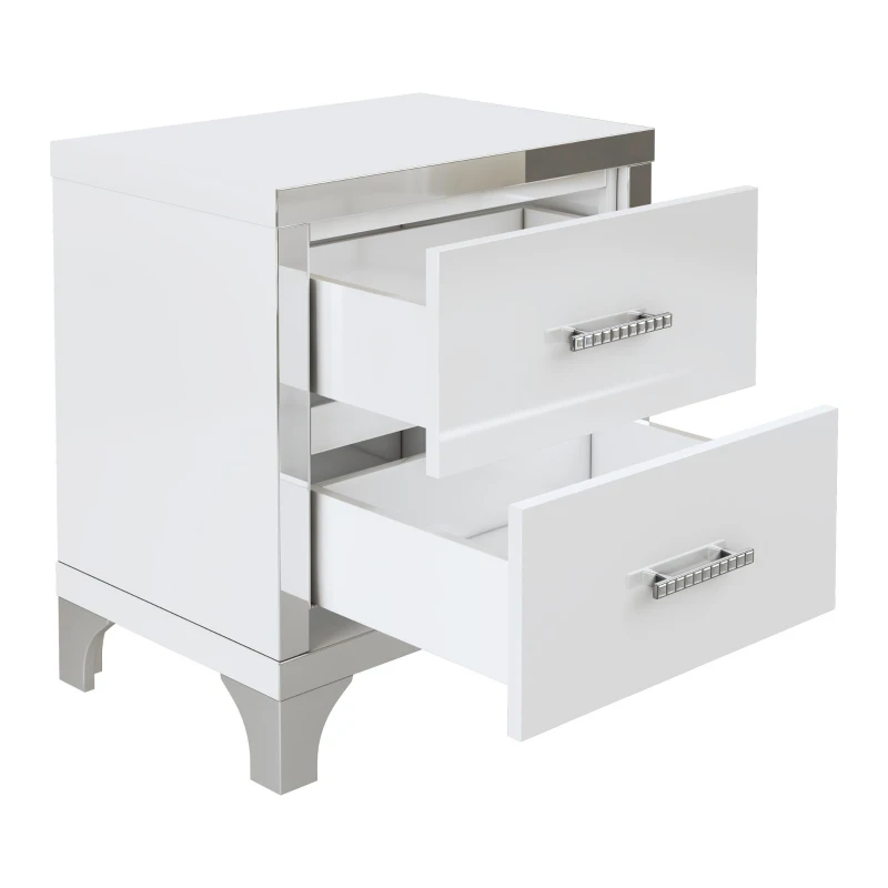Elegant High-Gloss Nightstand with Metal Handles and Legs, Mirrored Bedside Table for Bedrooms or Apartments, 22.5'' L x 15.5'' W x 23.5'' H, White