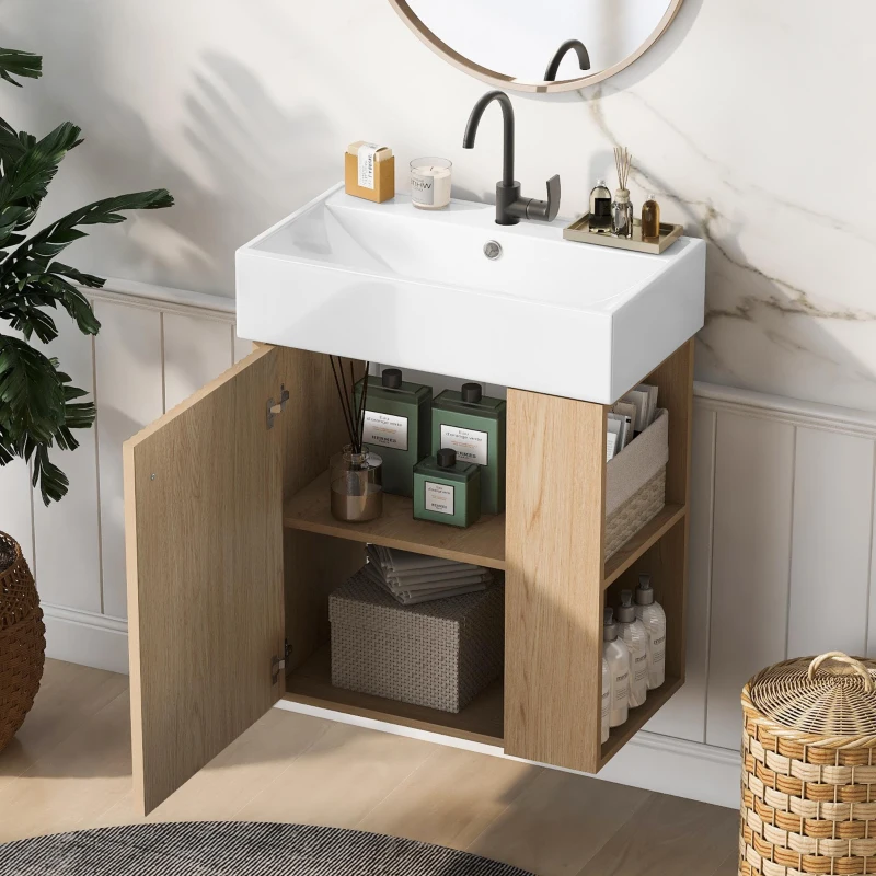 Modern Wall-Mounted Bathroom Vanity with Ceramic Basin, Space-Saving Floating Cabinet for Compact Bathrooms, 21.5'' L x 12'' W x 26.5'' H, Wood
