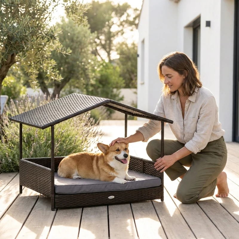 PawHut Wicker Dog House Outdoor with Canopy, Rattan Dog Bed with Water-resistant Cushion, Raised Pet Bed for Small, Medium Breeds up to 66 lbs, 20" in Length, Brown Wicker, Gray Cushion