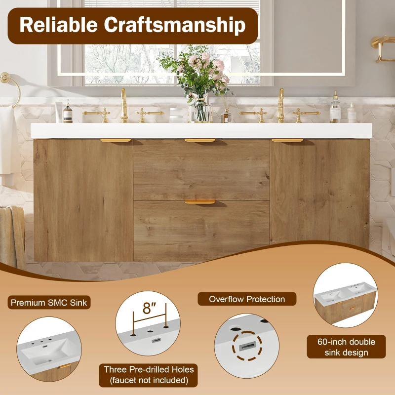 Double Sink Bathroom Vanity with Integrated SMC Top, Wall-Mounted Floating Cabinet for 2 People, 59.5'' L x 20'' W x 25.5'' H, Wood