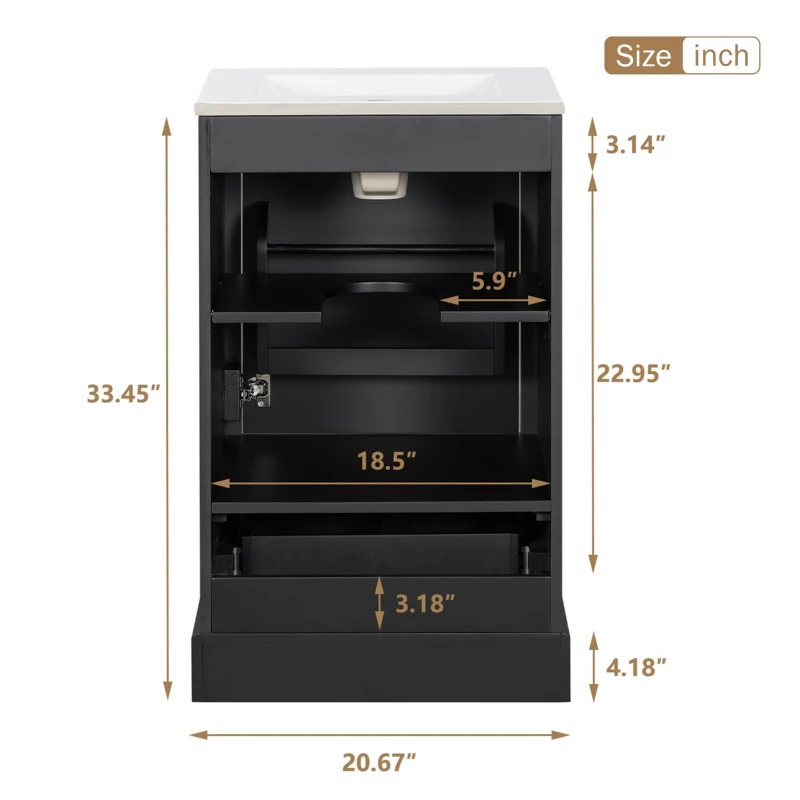 Stylish Bathroom Vanity with Ceramic Sink, Soft-Close Door & Drawer, Space-Saving Cabinet for Compact Washroom, 20'' L x 18.5'' W x 34'' H, Black