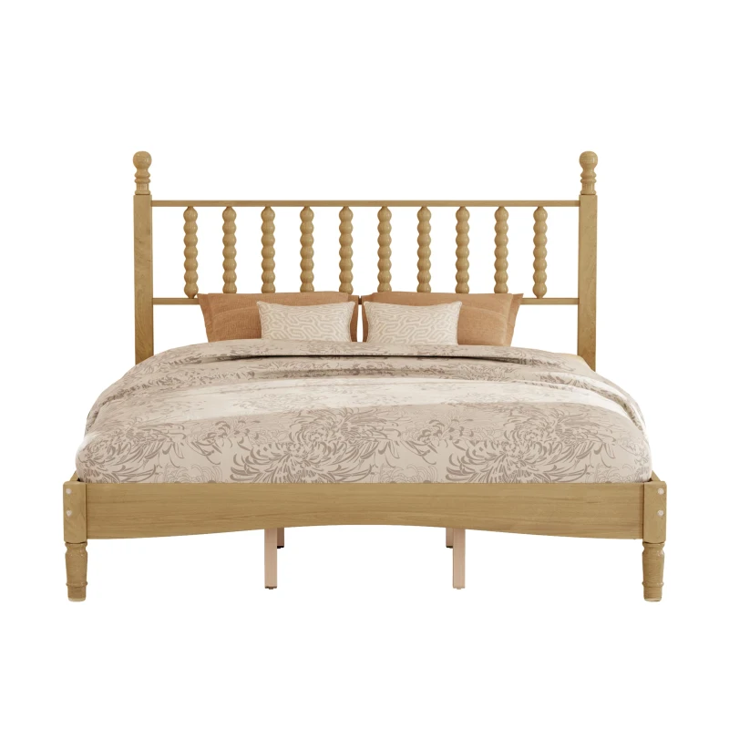 Queen Size Wood Platform Bed with Retro Gourd-Shaped Headboard, Solid Bed Frame for Eclectic Bedrooms, 84.5'' L x 63.5'' W x 45'' H, Natural