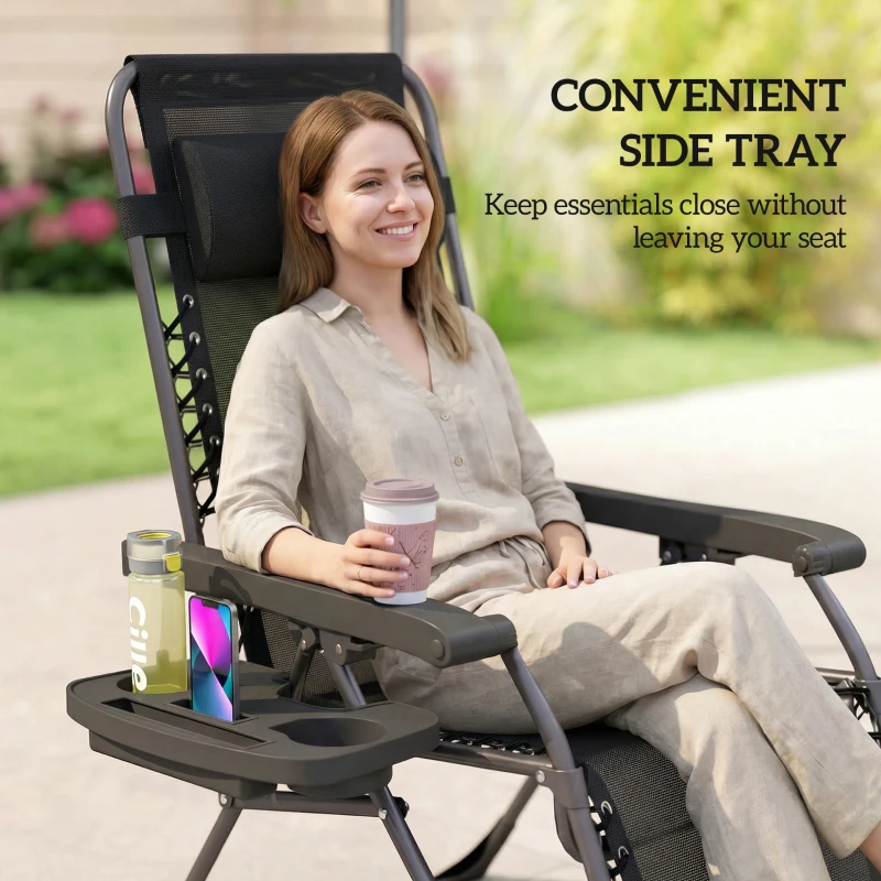 Outsunny Zero Gravity Chair Set of 2, Folding Reclining Outdoor Lounge Chair with Cup Holder, Headrest, Black