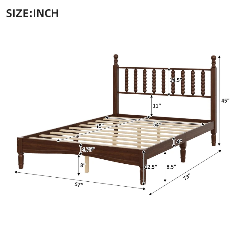 Full Size Wood Platform Bed with Retro Gourd-Shaped Headboard & Wooden Slat, Solid Bed Frame for Eclectic Decors, 79'' L x 57'' W x 45'' H, Walnut