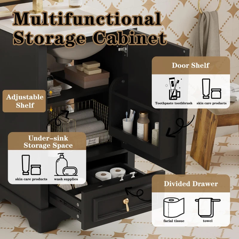 Stylish Bathroom Vanity with Ceramic Sink, Soft-Close Door & Drawer, Space-Saving Cabinet for Compact Washroom, 20'' L x 18.5'' W x 34'' H, Black