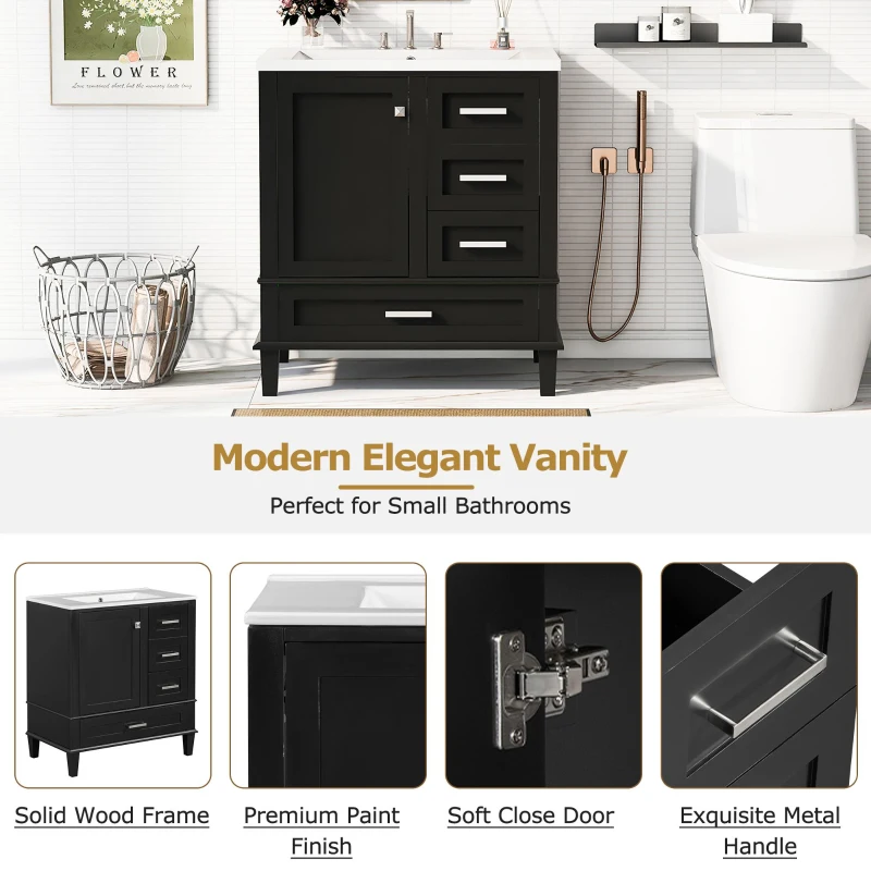Modern Bathroom Vanity Sink Combo with Solid Wood Frame, Free-Standing Cabinet for Contemporary Bathrooms, 30'' L x 18.5'' W x 34'' H, Black