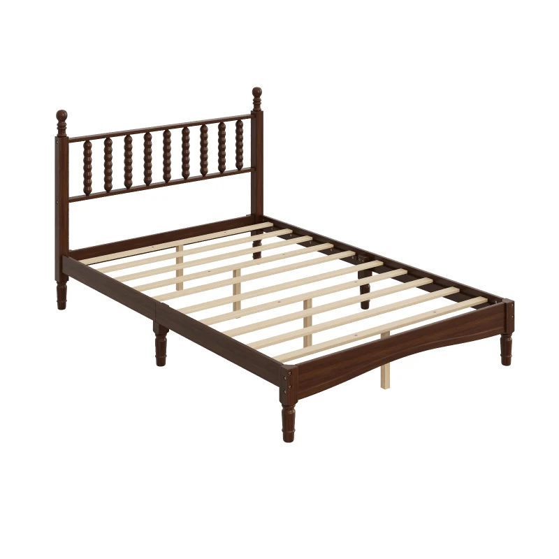 Full Size Wood Platform Bed with Retro Gourd-Shaped Headboard & Wooden Slat, Solid Bed Frame for Eclectic Decors, 79'' L x 57'' W x 45'' H, Walnut