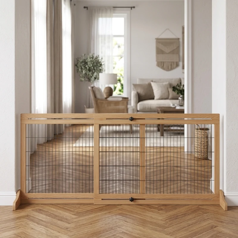 PawHut 71" W x 27" H Extra Wide Freestanding Pet Gate with Adjustable Length Dog, Cat, Barrier for House, Doorway, Hallway, Natural