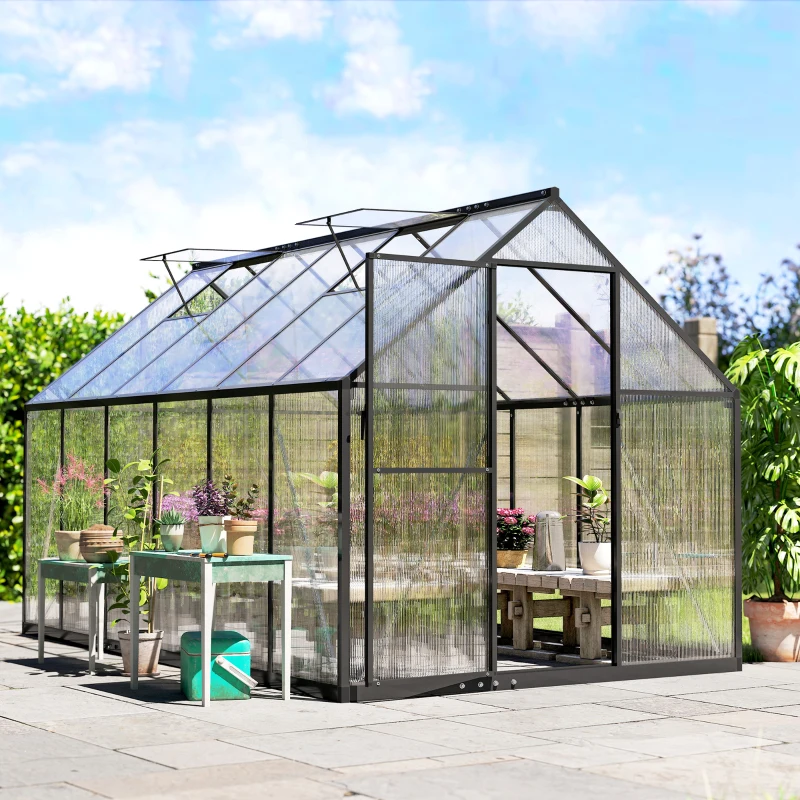 Outsunny Polycarbonate Greenhouse with Swing Door and Two Adjustable Roof Vents, Aluminum Walk-in Greenhouse, 11x6 ft, Black