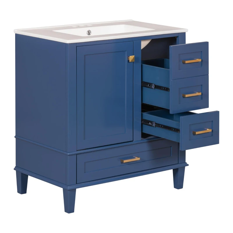 Free-Standing Bathroom Vanity with Ceramic Sink Combo, Modern Cabinet with Solid Wood Frame, 30'' L x 18.5'' W x 34'' H, Blue