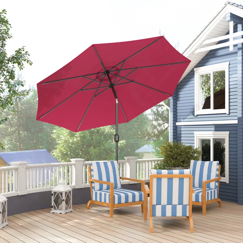 Outsunny 10' x 8' Round Market Umbrella, Patio Umbrella with Crank Handle and Tilt, Outdoor Parasol for Garden, Wine Red
