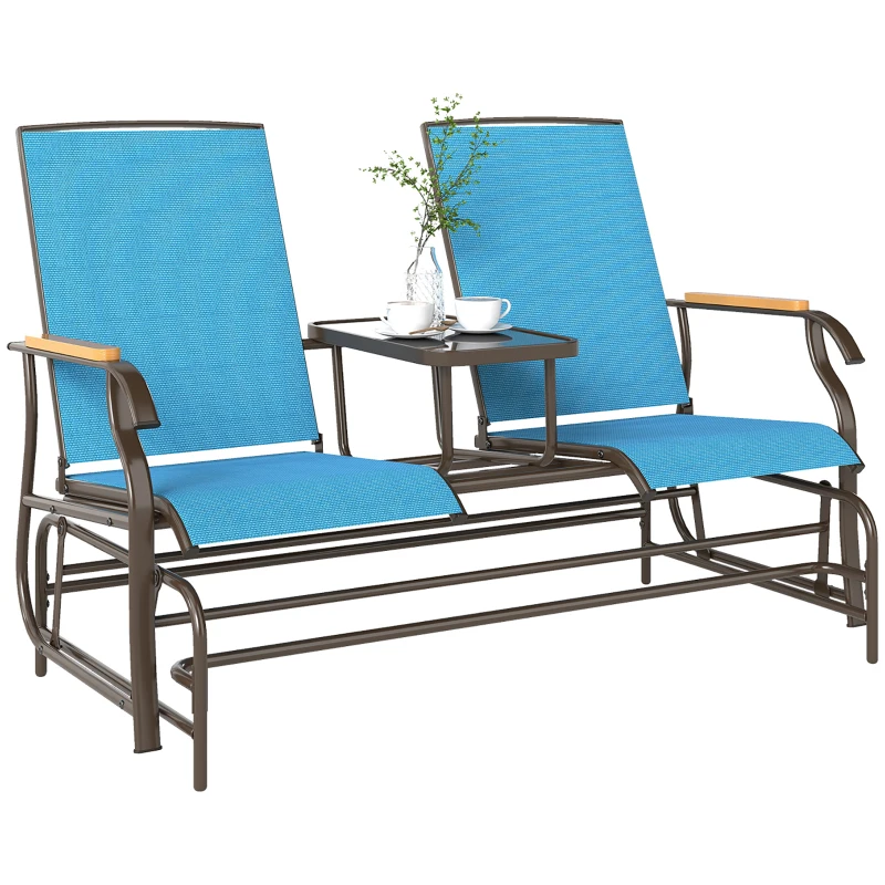 Outsunny Outdoor 2-Person Glider Bench, Outside Glider Swing Chair Loveseat with Table, Steel Frame, Blue