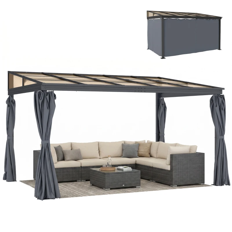 Outsunny 10' x 13' Outdoor Hardtop Pergola Gazebo with Polycarbonate Roof, UV Protection Sun Shelter with Curtains for Garden, Patio and Outdoor Events