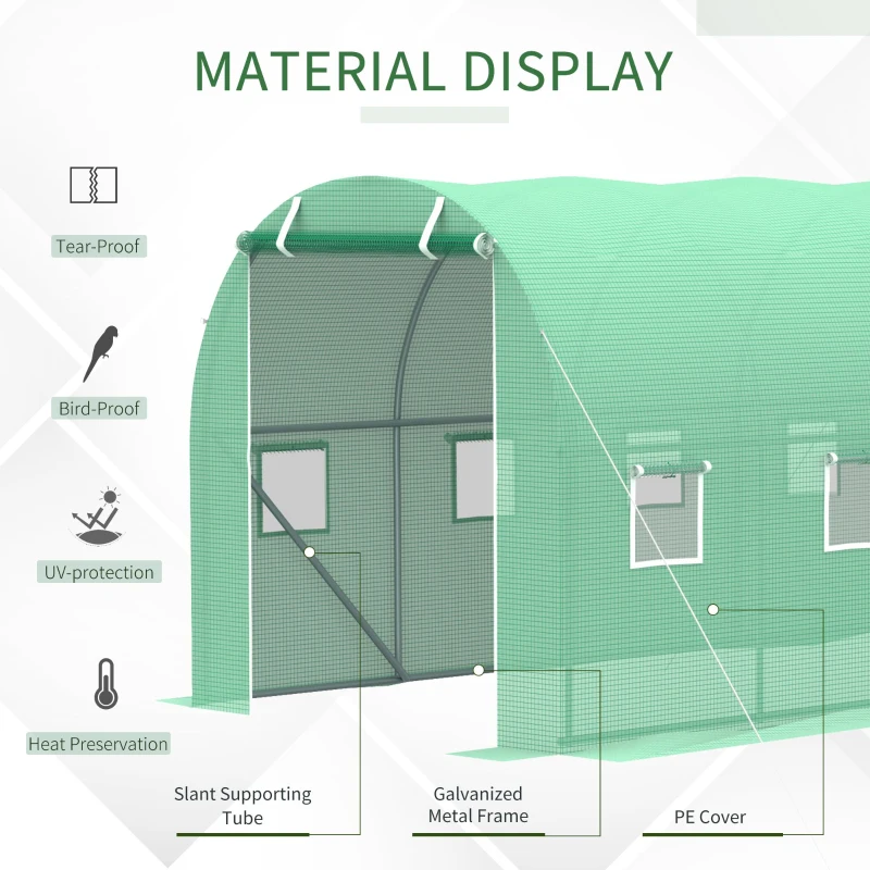 Outsunny 13' x 6.4' x 6.5' Walk-in Tunnel Greenhouse, Hoop House with Zipped Roll-Up Door and 8 Mesh Windows, Galvanised Steel Frame, Outdoor Greenhouse, Green