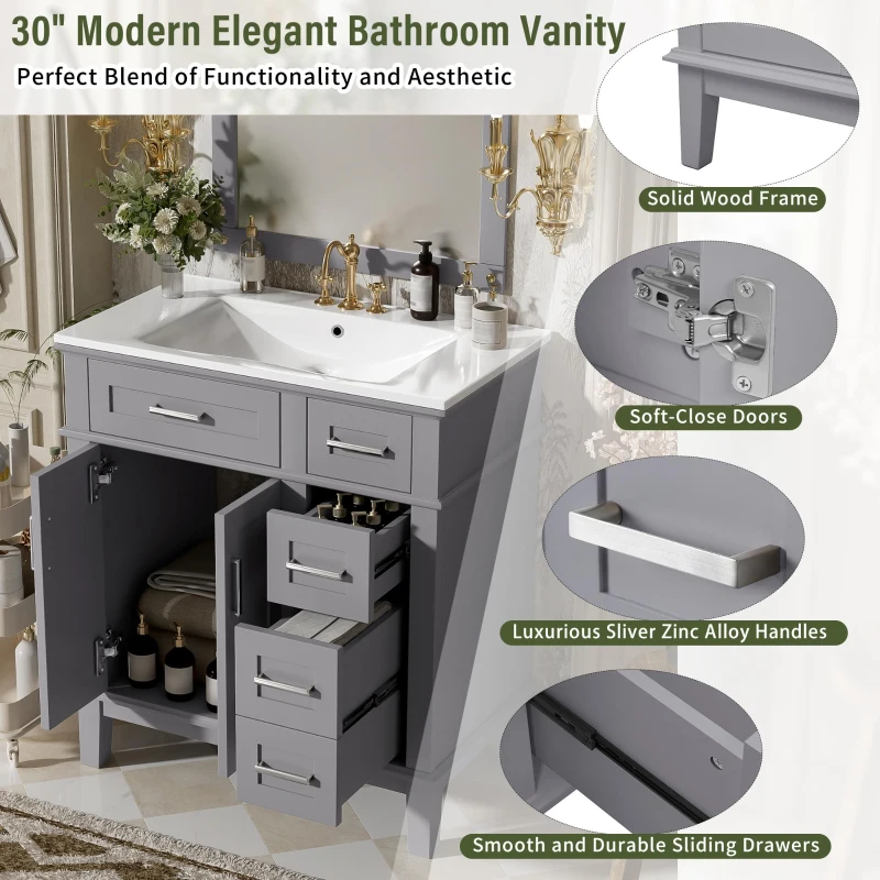 Free-Standing Bathroom Vanity with Ceramic Undermount/Drop-In Sink, Modern Storage Cabinet for Small Condos, 30'' L x 18'' W x 34'' H, Grey