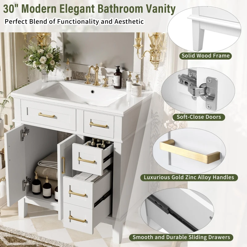 Solid Bathroom Vanity with Ceramic Undermount/Drop-In Sink, Modern Storage Cabinet for Compact Washrooms, 30'' L x 18'' W x 34'' H, White