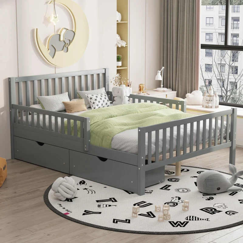Full Size Wood Platform Bed with 2 Under-Bed Storage Drawers, Solid Bed Frame with Guardrails on Both Sides, 77.5'' L x 57.5'' W x 34.5'' H, Grey