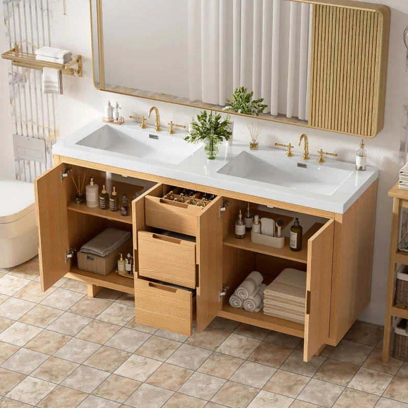 Modern Bathroom Vanity with Soft-Close Hinges & Hidden Drawer Slides, Elegant Vanity Cabinet with Resin Sink, 59.5'' L x 20'' W x 34'' H, Wood