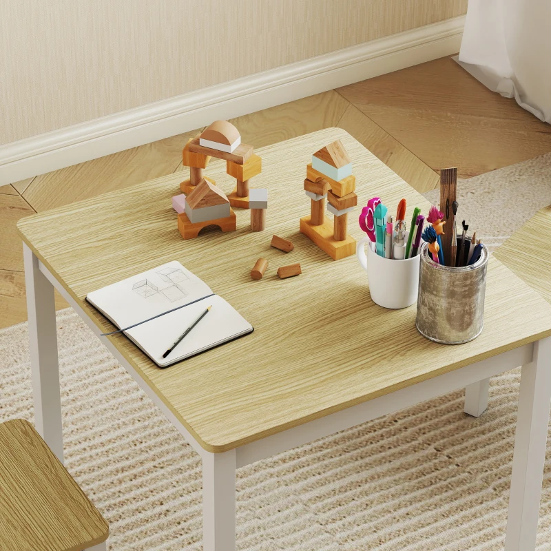 Qaba Kids Table and Chairs Set, Toddler Table and 2 Chair Set for Activity, Art, Craft, Reading, Learning, Natural