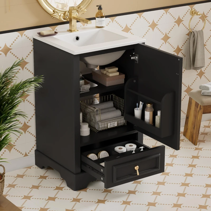 Stylish Bathroom Vanity with Ceramic Sink, Soft-Close Door & Drawer, Space-Saving Cabinet for Compact Washroom, 20'' L x 18.5'' W x 34'' H, Black