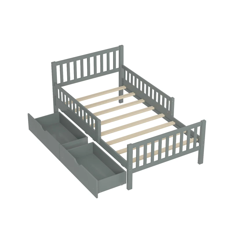 Twin Wood Platform Bed with 8 Slats & 2 Large Under-Bed Drawers, Solid Bed Frame for Children’s Rooms, 77.5'' L x 42'' W x 34.5'' H, Grey