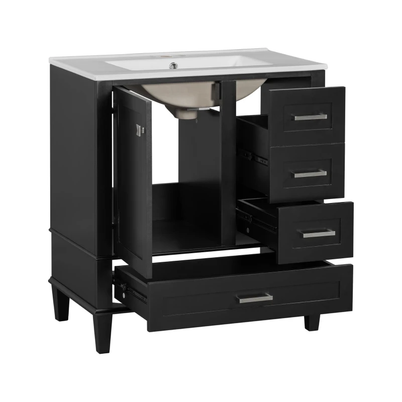 Modern Bathroom Vanity Sink Combo with Solid Wood Frame, Free-Standing Cabinet for Contemporary Bathrooms, 30'' L x 18.5'' W x 34'' H, Black