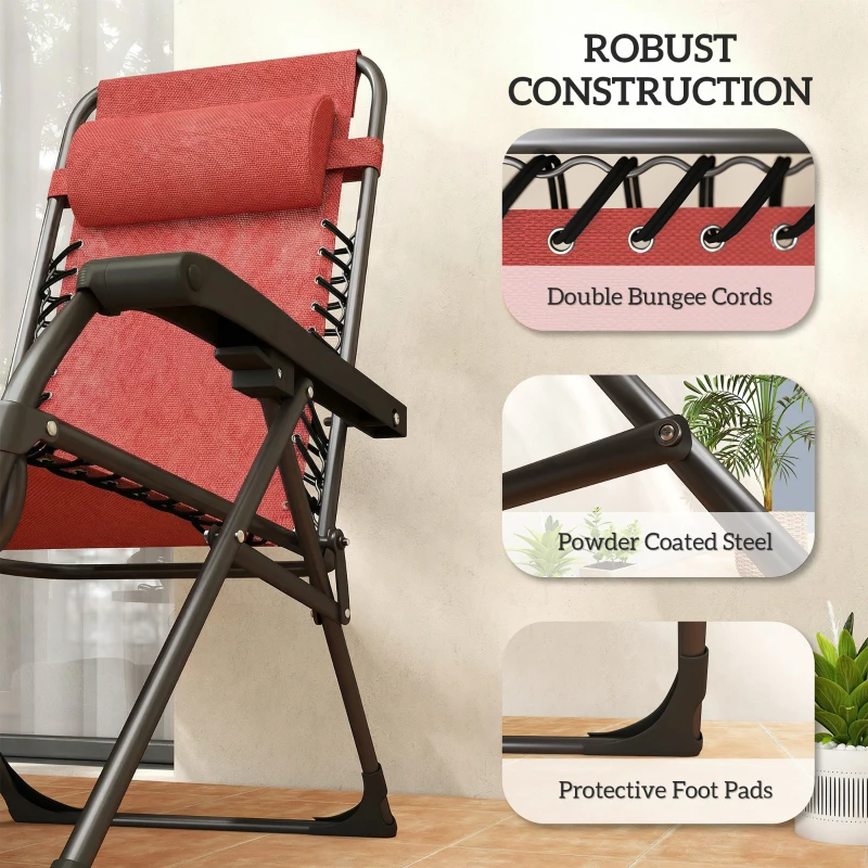 Outsunny Zero Gravity Chair Set of 2, Folding Reclining Outdoor Lounge Chair with Cup Holder, Headrest, Wine Red