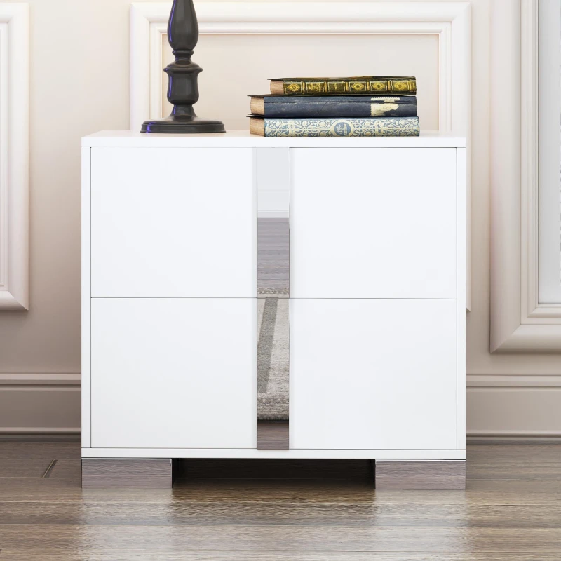 Space-Saving Nightstand with Mirrored Accents and Metal Legs, Elegant Bedside Storage for Compact Apartments, 23.5'' L x 15.5'' W x 21.5'' H, White