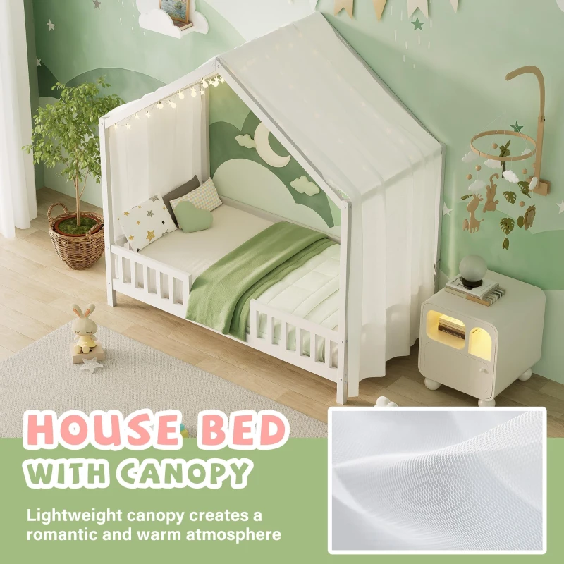 Twin House-Shaped Toddler Bed with 4 High Guard Railings & Roof Frame, Montessori Floor Bed with Canopy, 78.5'' L x 41.5'' W x 78'' H, White
