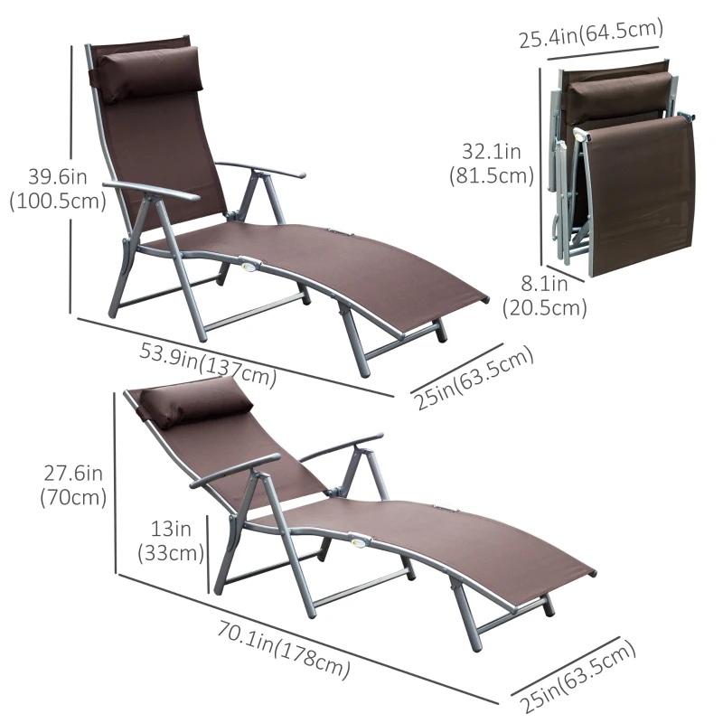 Outsunny Heavy-duty Adjustable Folding Reclining Chair Outdoor Sun Lounger Patio Chaise Lounge Garden Beach Gravity Lounge with Pillow, 7 Adjustable Backrest Positions, Brown