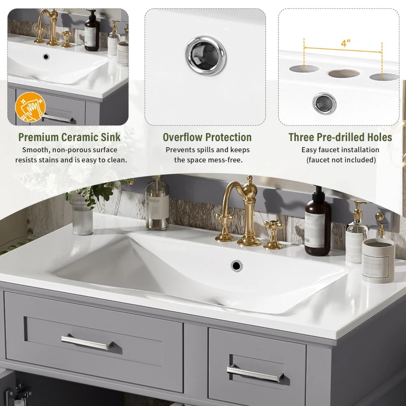 Free-Standing Bathroom Vanity with Ceramic Undermount/Drop-In Sink, Modern Storage Cabinet for Small Condos, 30'' L x 18'' W x 34'' H, Grey