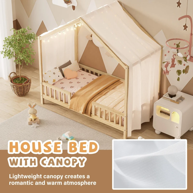 Twin House-Style Toddler Bed with Full Guardrails and DIY Canopy Frame, Montessori Floor Bed with Canopy, 78.5'' L x 41.5'' W x 78'' H, Natural