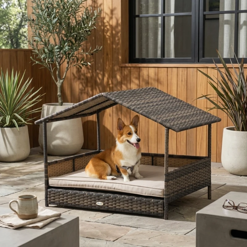 PawHut Wicker Dog House Outdoor with Canopy, Rattan Dog Bed with Water-resistant Cushion, Raised Dog Bed for Small, Medium Dogs up to 66 lbs, 19.75" in Length, Brown Wicker, White Cushion