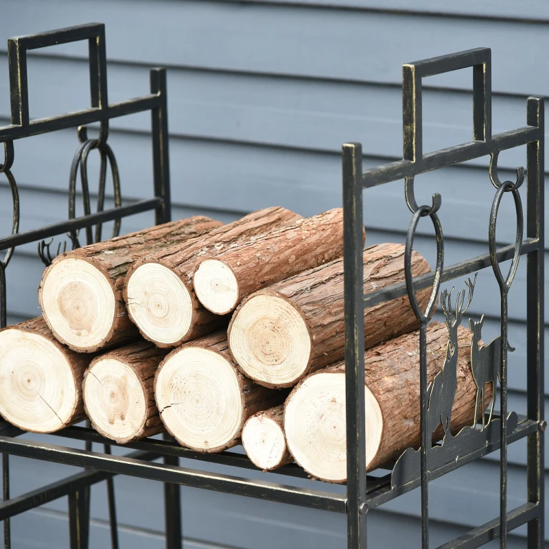 Outsunny 20.25" x 13" x 30.25" 2-Layer Heavy Duty Firewood Rack Wood Log Fireplace Stacker  w/ 4 Tools, Black and Gold