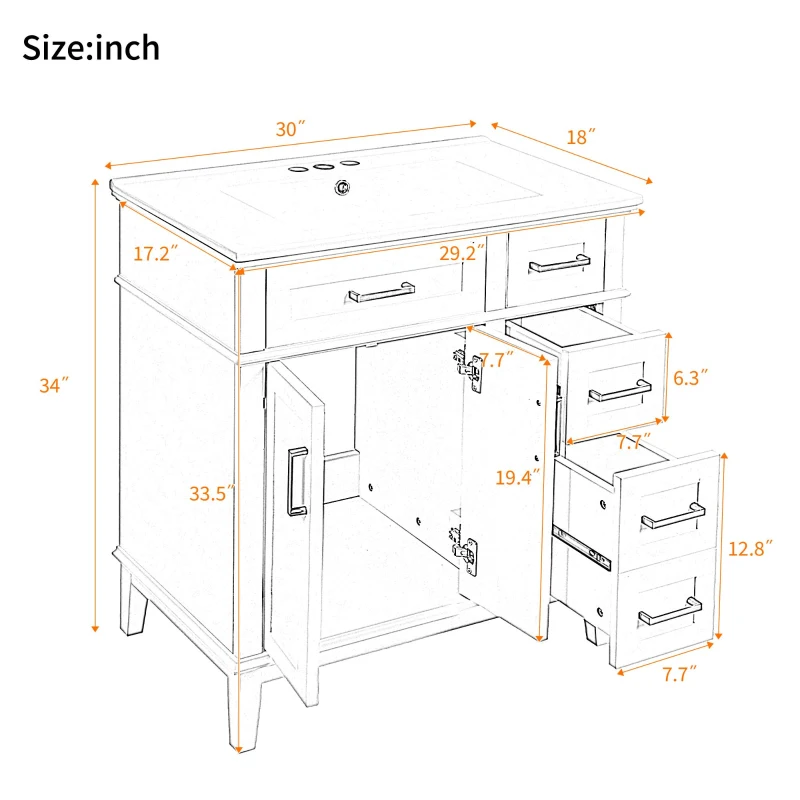 Free-Standing Bathroom Vanity with Ceramic Undermount/Drop-In Sink, Modern Storage Cabinet for Small Condos, 30'' L x 18'' W x 34'' H, Grey