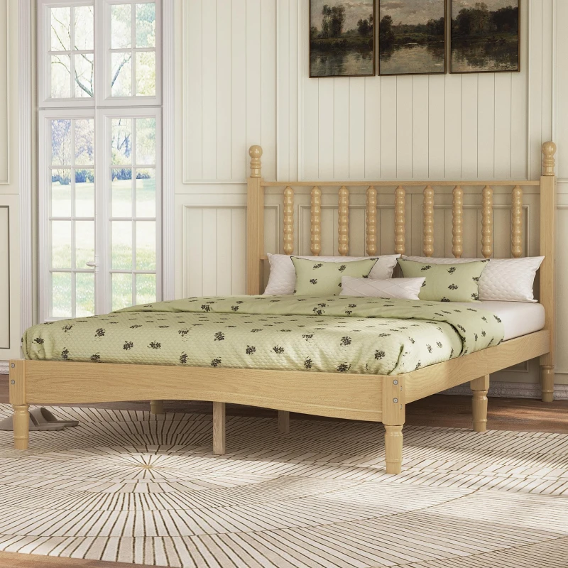 Full Size Wood Platform Bed with Gourd-Shaped Headboard, Solid Bed Frame for Eclectic Bedrooms, 79'' L x 57'' W x 45'' H, Natural